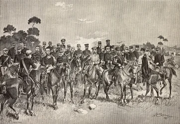 Utenlandske hæroffiserer besøker italienske soldater i Lombardia, Italia, gravering fra en tegning av Quinto Cenni, fra L'Illustrazione Italiana, år 12, nr. 40, 4. oktober