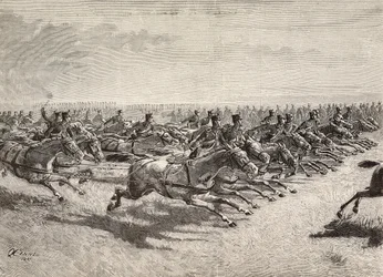 Hesteartilleri av den italienske hæren passerer i full galopp, Lombardia, Italia, gravering fra en tegning av Quinto Cenni, fra L