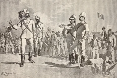 Italienske og lokale soldater, i uniformer fra den italienske hæren i Afrika, Massawa, Eritrea, gravering fra en tegning av Quinto Cenni, fra L'Illustrazione Italiana, år 12, nr. 35, 30. august