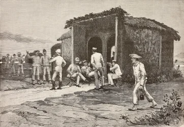 Italienske offiserer nær refektoriepaviljongen, Abdel K'adir, Eritrea, gravering fra en tegning av Quinto Cenni og en skisse av Pieragostini, fra L'Illustrazione Italiana, år 12, nr. 37, 13. september