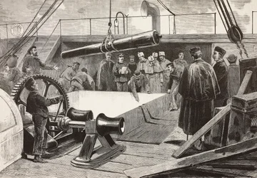 Italienske sjømenn og offiserer setter skipet Gottardo, italiensk ekspedisjon i Rødehavet, Palermo, Italia, gravering fra tegning av Quinto Cenni og skisse av Dante Paolocci, fra L