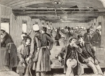Italienske soldater på tog på vei til Napoli, Italia, andre italienske ekspedisjon i Rødehavet, gravering fra tegning av Quinto Cenni og skisse av M Dal Don, fra L