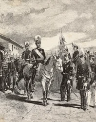 Japansk hær: Infanterisoldater, stabssjefer, generalmajor, kavaleri, viseadmiral, infanterikaptein, skytter, Japan, gravering fra tegning av Quinto Cenni, fra L'Illustrazione Italiana, nr. 17, 27. april