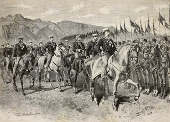 Kong Umberto I inspiserer Firenze-lansere, med general Martin di Montu bak seg, 28. september, kavaleriøvelser i Pordenone, Italia, gravering fra tegning av Quinto Cenni, fra L