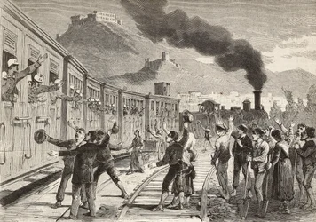 Menn og kvinner tar farvel med italienske soldater som drar fra Cassino jernbanestasjon, Italia, gravering fra tegning av Quinto Cenni og skisse av M Dal Don, fra L