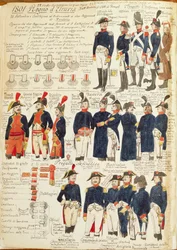 Militære uniformer fra kongeriket Etruria fra 1801. Fargeplate av Cenni Quinto