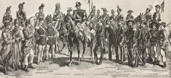 Piemontesisk hær i 1859: infanterister, artillerister, ingeniører, grenaderer, offiserer, generaler, spydmenn, kavalerister, riflemann, gravering fra tegning av Quinto Cenni, fra L