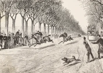 Tre motstandsoffiserer som deltar i hesteveddeløp, Third Savoy-regiment, mellom Milano og Monza, Italia, gravering fra tegning av Quinto Cena, fra L