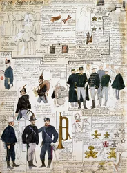 Uniformer of Kingdom of Italy mellom 1896 - 1897, plate fra Cenni Codex, samling av militærskisser i akvarell