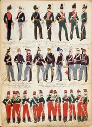 Ulike italienske uniformer i alminnelig bruk rundt 1860 av Quinto Cenni, fargetavle