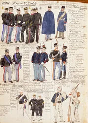 Ulike uniformer fra Kingdom of Italy, fargeplate av Quinto Cenni