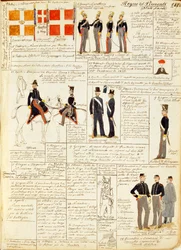 Ulike uniformer fra Kingdom of Sardinia, fargeplate av Quinto Cenni