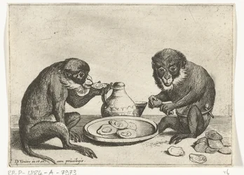 To aper spiser østers Ulike selskaper av menneskeliv presentert av aper (serietittel) apespillet i verden (serietittel)