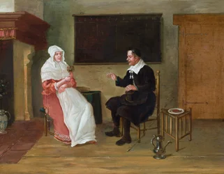 Et interiør med en sittende mann og kvinne (olje på panel)