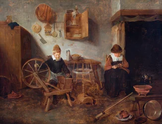 Et interiør med en gammel mann som spinner og en gammel kvinne som syr ved et bål (olje på panel)