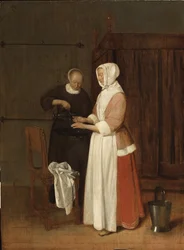 A woman washing her hands - A Woman Washing her Hands, av Brekelenkam, Quiringh van (ca 1622-ca 1669). olje på tre