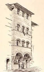 Utsikt over et murhus, Montepulciano, Italia, fra 