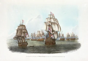 HMS #39;Victory#39; og #39;Euryalus#39; i slaget ved Trafalgar, da den første kanonen ble avfyrt fra det franske admiralskipet (farget litografi)