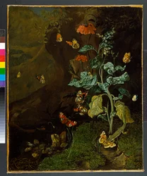 Stilleben med blomster, sommerfugler og en øgle i en liten dal, før 1750