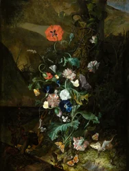 Et blomsterarrangement ved en trestamme, ca. 1683 (olje på lerret)