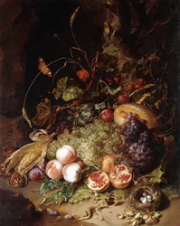 Stilleben med frukt og insekter
