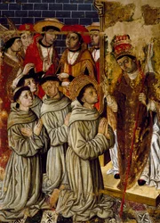 Miraklers syklus, detalj fra San Bernardino-altertavlen, av Joan Figuera og Tomas Rafael (aktiv i andre halvdel av 1500-tallet), tempera på panel, 399x253 cm. Detalj.