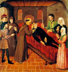 Oppstandelse av en mann som døde av sårene hans, detalj fra venstre sidepanel av St Bernand altertavle av Rafael Tomas (aktiv 1455-1479), predella av Joan Figuera (aktiv fra 1454-død 1477 eller 1479), tempera på panel, 398, 9x253 cm