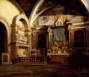 Interiør av San Domenico Maggiore, av Raffaele Armando Califano Mundo (1857-1930), olje på lerret, 50x70 cm.