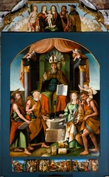 Saint Blaise troner mellom de hellige Peter, Paulus, Katarina av Alexandria og Kristoffer, sentralt altertavle