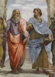 Aristoteles og Platon: detalj av School of Athens, 1510-11 freskodetalj av 472