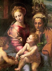Den hellige familie (eller Perlen), detalj: Jomfruen, den hellige Elisabeth og barnet, ca. 1518