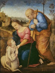 Den hellige familie med et lam (olje på tre)