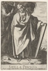 Plate 9: den frygiske sibyllen som holder toppen av et nettbrett med venstre hånd og peker mot..., 1609.