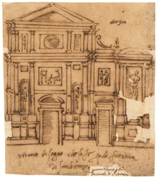 Design for fasaden til San Lorenzo, Firenze (penn og brunt blekk, på oljet kalkerpapir)