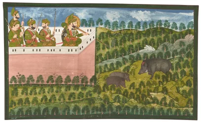 Et maleri av Maharana Jawan Singh (r.1821–38) som jakter på villsvin