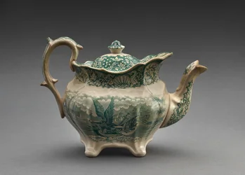Tekanne, ca. 1847-49 (blyglasert keramikk med overføringstrykk)