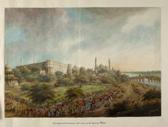 Lord Hastings' parti kommer inn i byen Lucknow på elefantrygg, ca. 1814-15 (akvarell på papir)