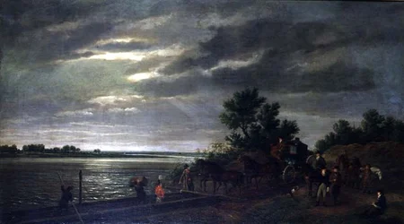 En vogn og hester går inn i en ferge på elven Leck i Holland om natten