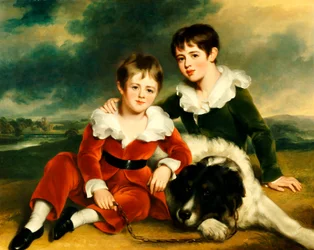 Portrett av to gutter med Newfoundland-hunden deres