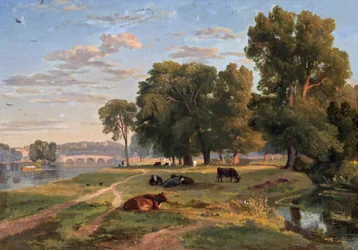 Thames ved Richmond fra Middlesex bank, ser mot broen