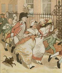 En elegi over en gal hunds død av Oliver Goldsmith. Naboer skynder seg for å hjelpe den gode mannen fra Islington. Illustrasjon av Randolph Caldecott