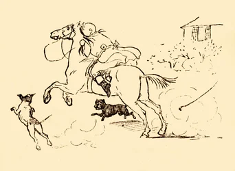 John Gilpin blir jaget av hunder mens hesten hans galopperer ut av kontroll, 1878, c1918.