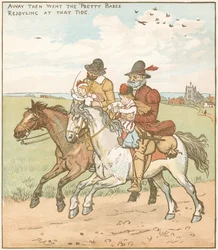 Babes (eller barn) i skogen. Foreldreløse babes tatt av for å bli myrdet av skurker ansatt av den onde onkelen. Illustrasjon av Randolph Caldecott (1846-86) for balladen fra c1600.
