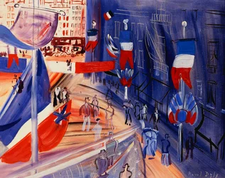 Gaten oversvømmet med amerikanske bannere; La rue Pavoisee a la Banniere Americaine, ca. 1930 (olje på hardt platebelegg)