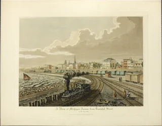 En utsikt over Michigan Avenue fra Randolph Street i år 1865
