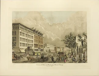 Corner of State og Washington Streets, Chicago, i år 1865