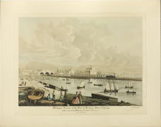 Michigan Avenue ved foten av Madison Street, Chicago, med utsikt over Illinois sentralstasjon i år 1864