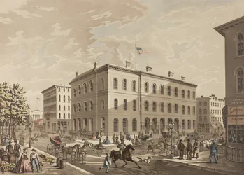N.W. Hjørnet av Dearborn og Monroe Streets, Chicago, viser postkontorbygningen i år 1865