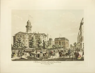 N. W. Corner of LaSalle og Randolph, Chicago, viser Court House Square i år 1864