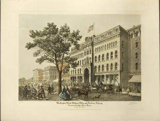 Washington Street mellom State Street og Dearborn Street i Chicago, med Crosbys operahus i år 1864